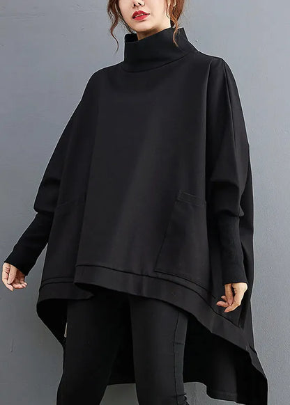 Black Turtleneck Asymmetrical Pockets Low High Design Cotton Pullover Long Sleeve