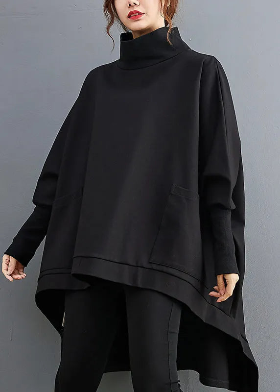 Black Turtleneck Asymmetrical Pockets Low High Design Cotton Pullover Long Sleeve