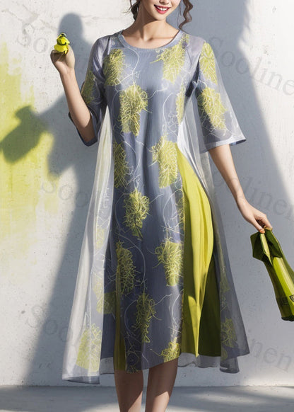 Art Grey Print Patchwork Silk Long Dresses Summer