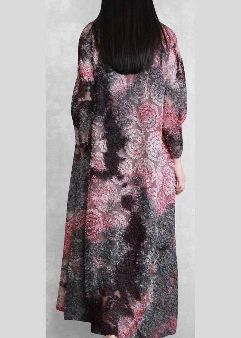 Loose Purple Print Clothes O Neck Tie Waist Art Spring Dress