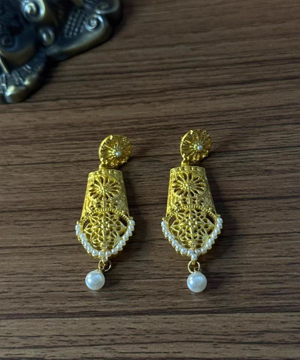 Yellow Sterling Silver Overgild Pearl Hollow Out Tassel Drop Earrings