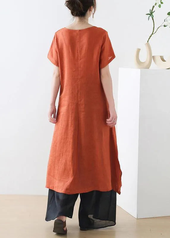 Orange Phoenix Embroideried Linen Side Open Summer Long Dress