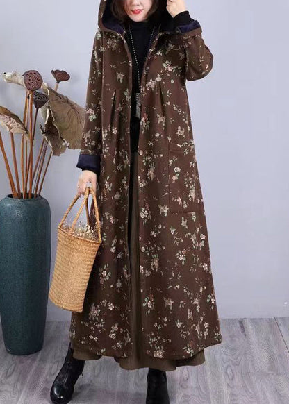 Red Print Pockets Patchwork Warm Fleece Hooded Coat Winter