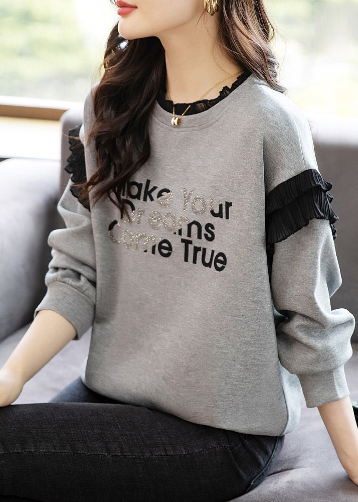 Grey O-neck Ruffled Graphic Patchwork Zircon Sweatshirts Fall