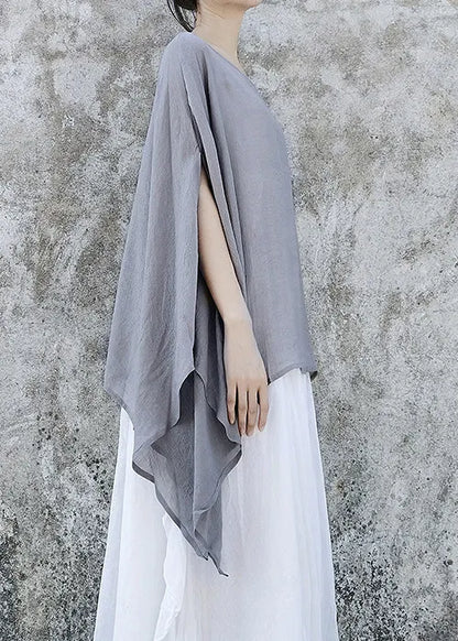 Simple Grey Asymmetrical Design Linen Tops Batwing Sleeve