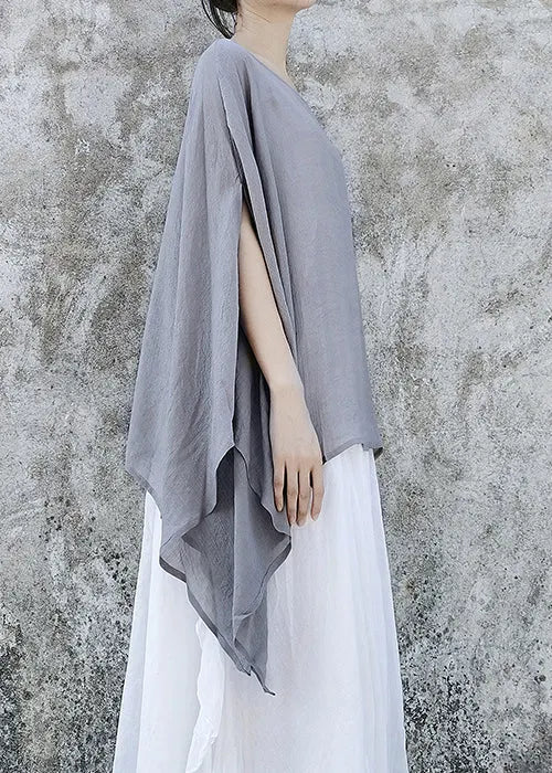 Simple Grey Asymmetrical Design Linen Tops Batwing Sleeve