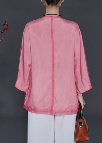 Pink Embroidered Organza Blouses Summer