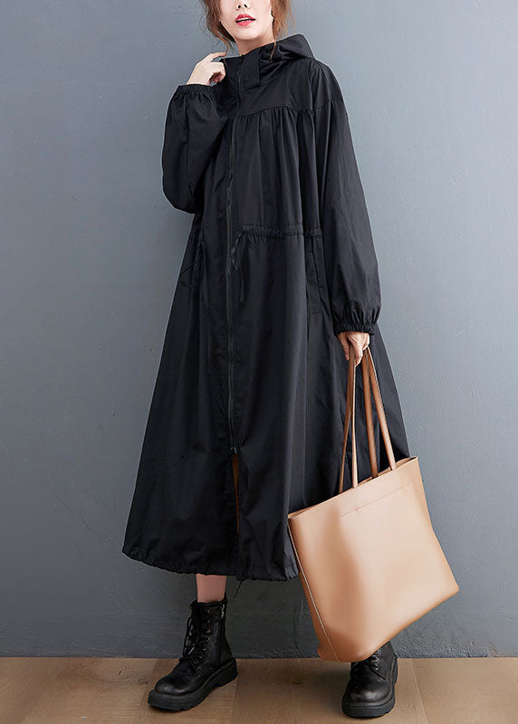 Black Hooded Drawstring Cotton Trench Coat Spring
