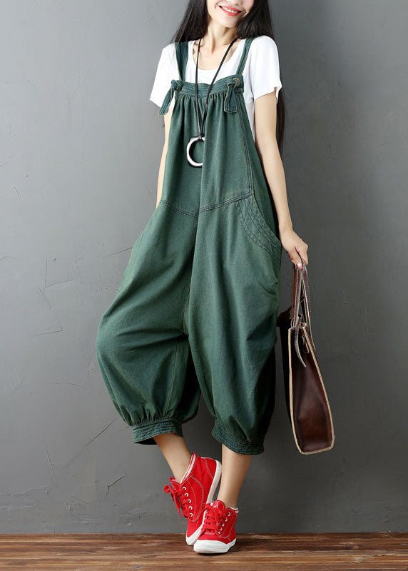 Green Wrinkled Patchwork Denim Jumpsuit Pants Summer