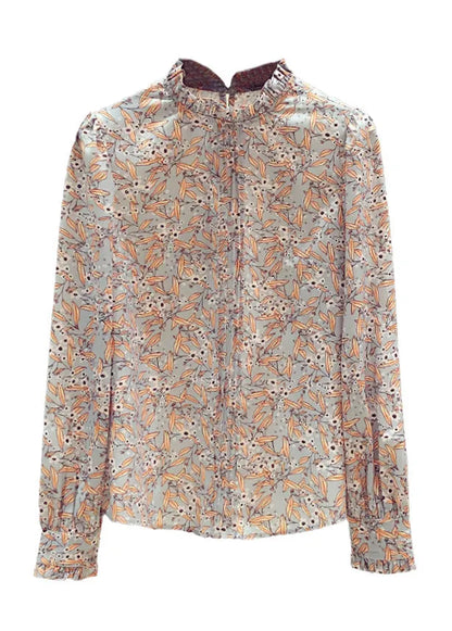 Stand Collarc Ruffled Print Chiffon Shirts Spring