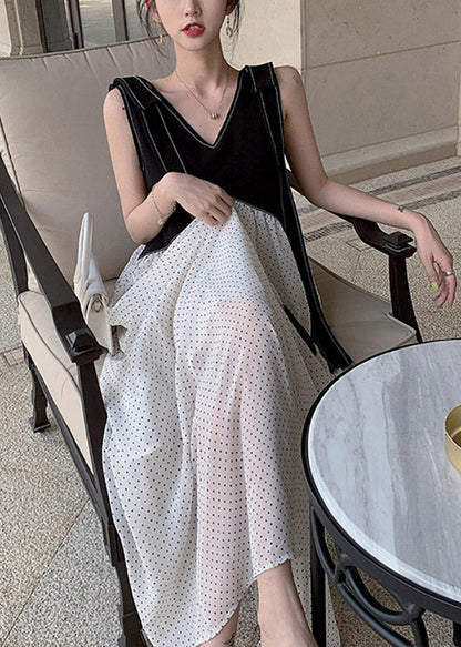 Diy Black White V Neck Patchwork Dot Maxi Dresses Summer
