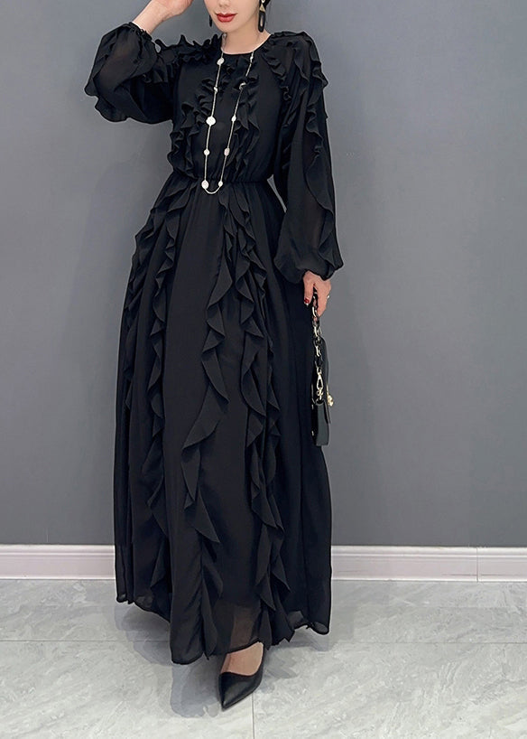Black Ruffles Cinched Chiffon Maxi Dresses Spring