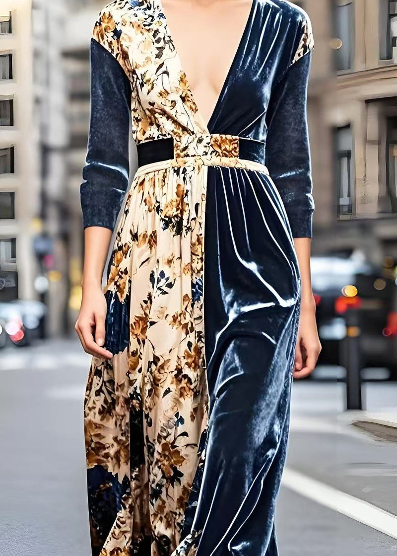 Navy V Neck Patchwork Print Silk Velour Dresses Spring