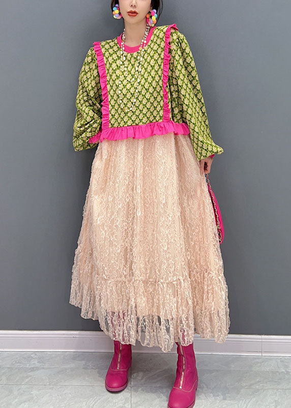Art Green O-neck Ruffled Patchwork Tulle Maxi Dresses Fall