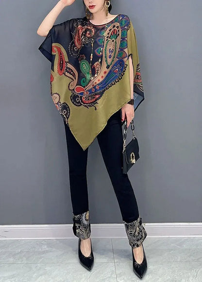 Colorblock Asymmetrical Print Chiffon Top Batwing Sleeve