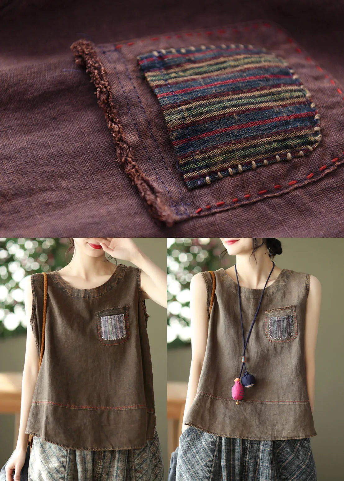 Brown Pocket Patchwork Linen Tanks O-neck Sleeveless