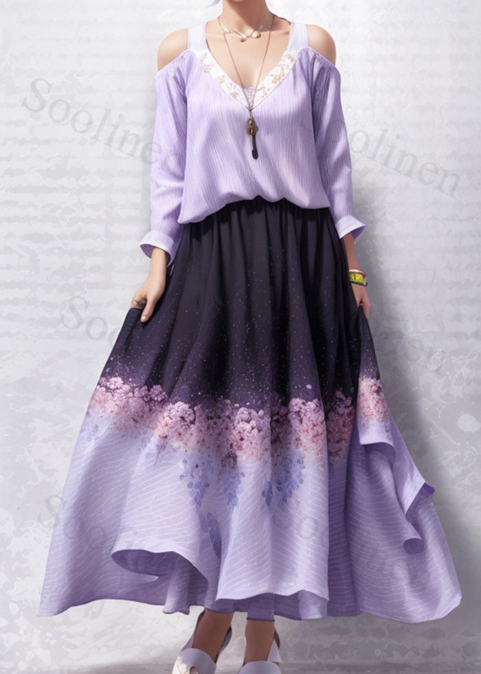 Diy Purple Cold Shoulder Print Silk Holiday Dress Summer