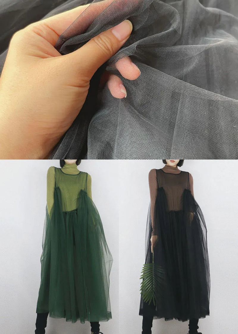 Blackish Green Tulle Long Dress Asymmetrical Exra Large Hem Sleeveless Spring