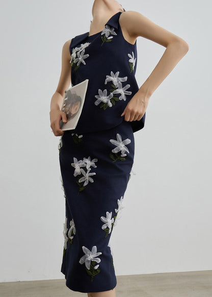 Navy Vest and Maxi Skirts Two Piece Set Sleeveless