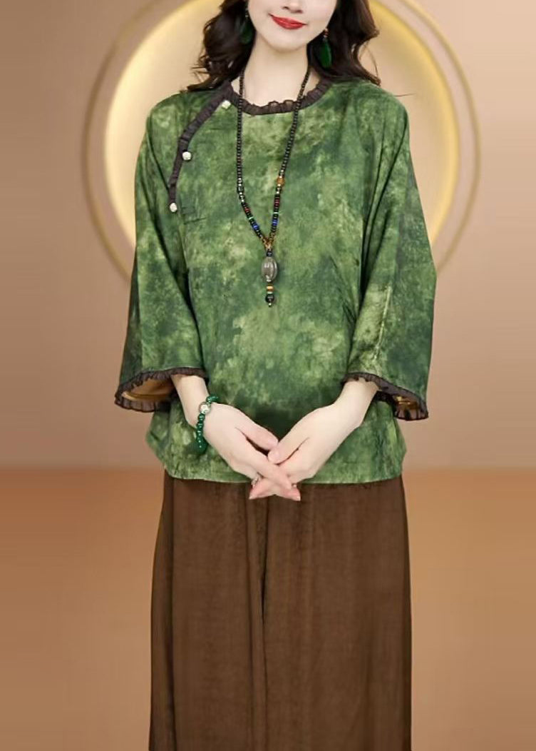 Green O Neck Ruffled Patchwork Silk Shirt Bracelet Sleeve