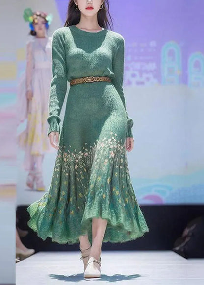 Green Print High Waist Cotton Knit Sweater Dress Winter