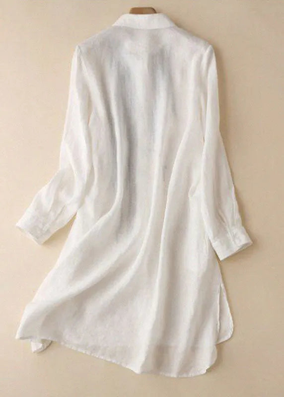 White Embroideried Low High Design Cotton Linen Long Shirt Top Long Sleeve