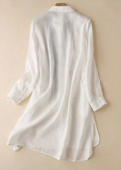 White Embroideried Low High Design Cotton Linen Long Shirt Top Long Sleeve