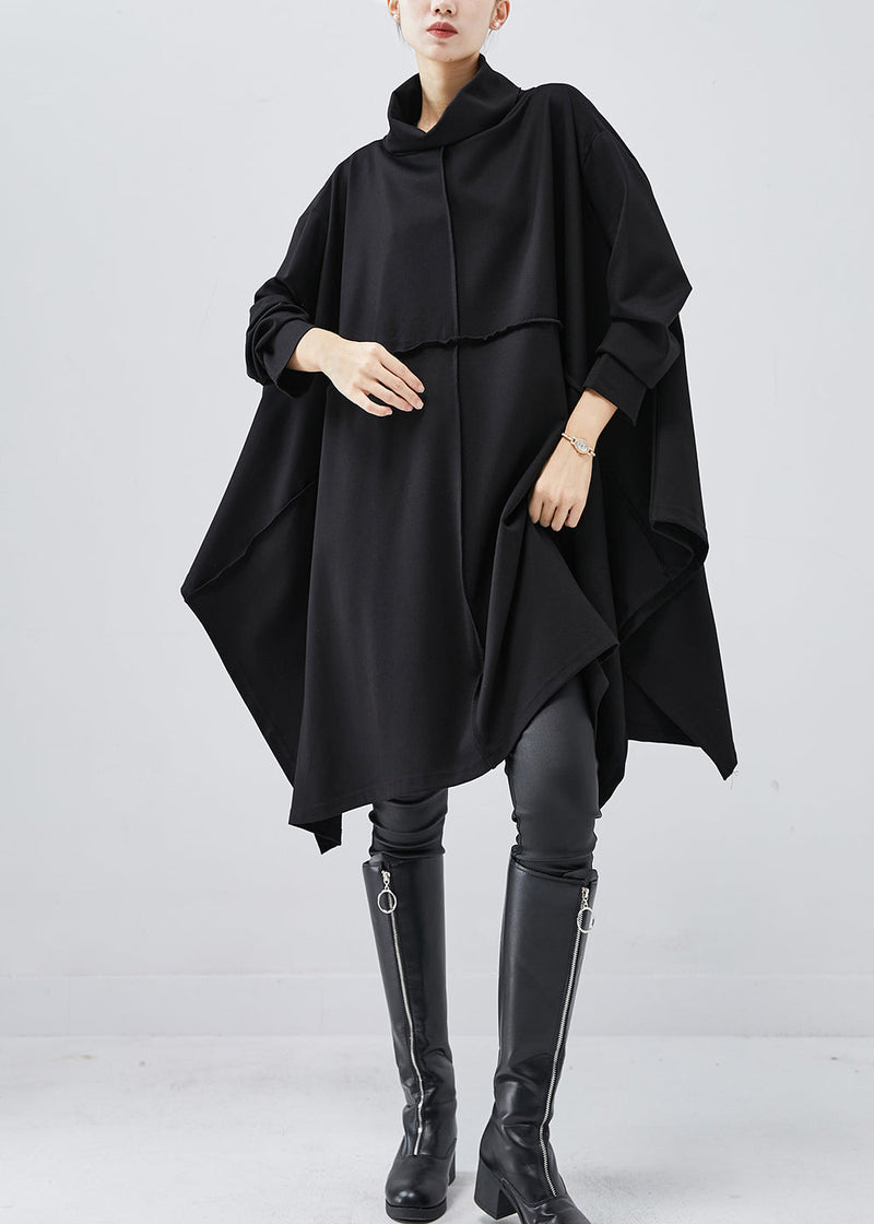 Black Turtle Neck Asymmetrical Exra Large Hem Cotton Dress Spring