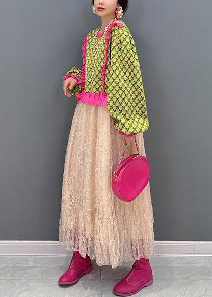 Art Green O-neck Ruffled Patchwork Tulle Maxi Dresses Fall