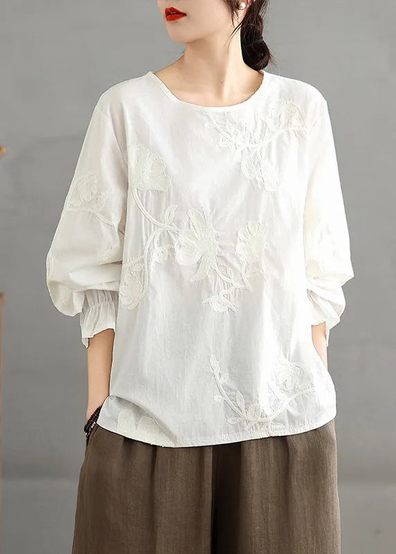 Red O-neck Embroidered Cotton Shirt Top Fall
