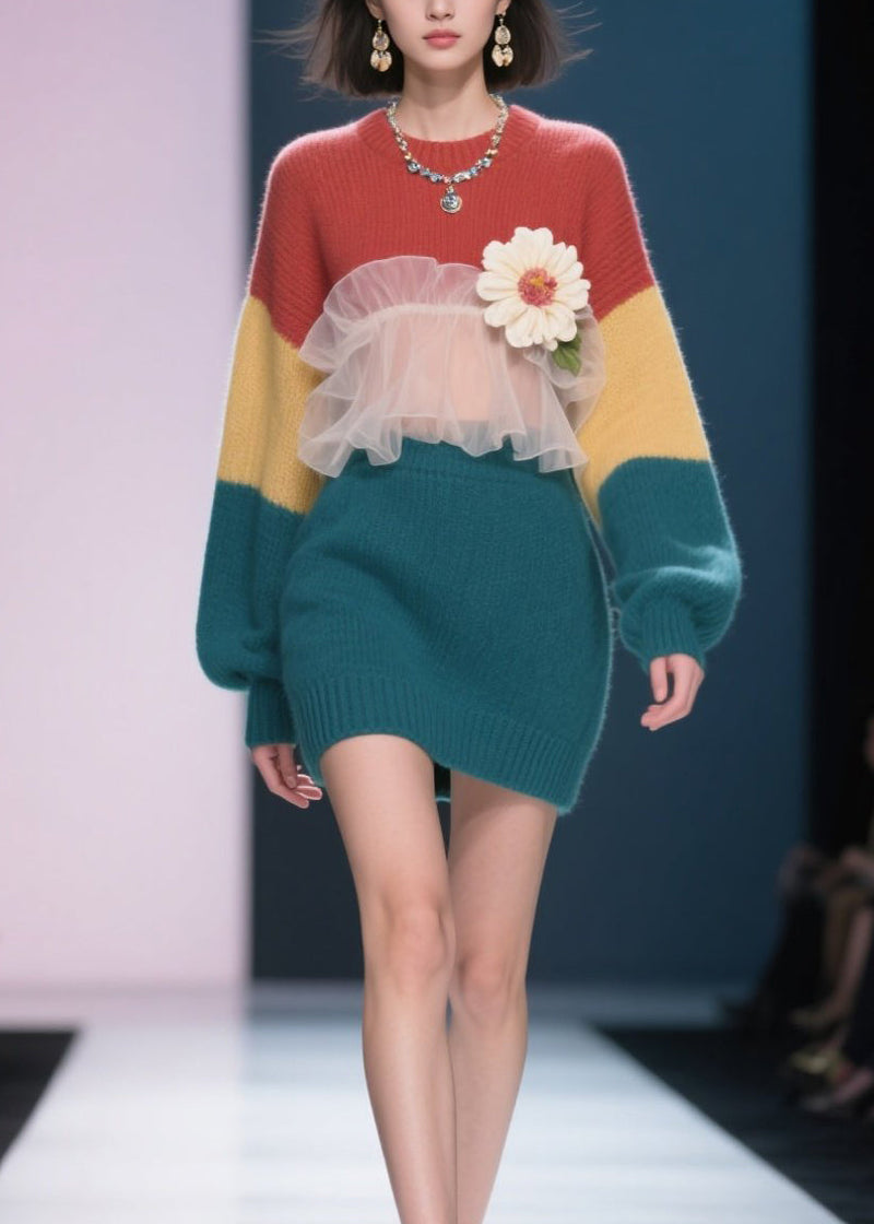 New Colorblock Tulle Ruffled Knit Sweater Dress Winter