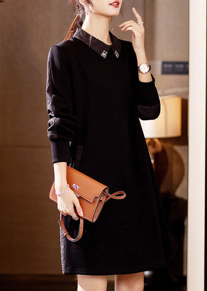 Coffee Peter Pan Collar Pockets Cotton Mid Dress Fall