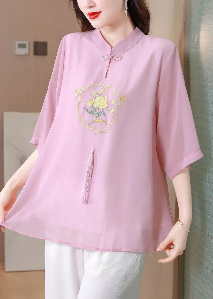 Chinese Style Pink Tasseled Embroidered Silk Blouse Top Half Sleeve