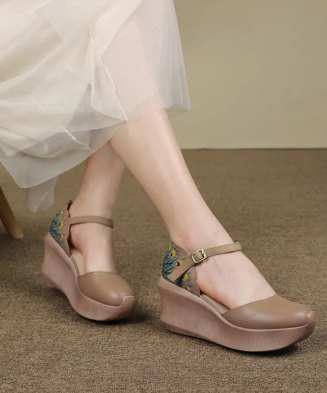 Khaki Cowhide Buckle Strap Platform Sandals