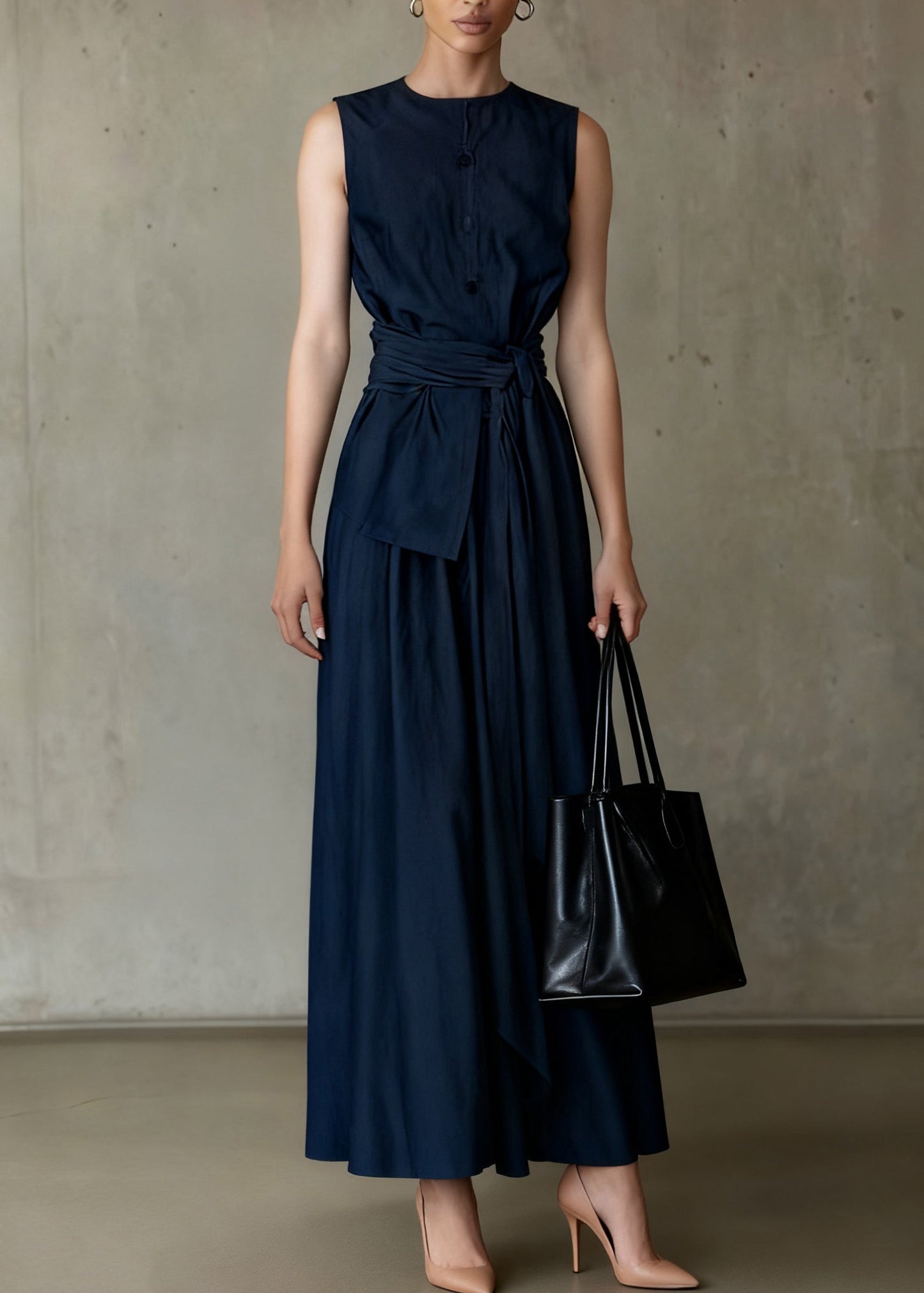 Slim Fit Navy Tie Waist Tops and Skirts Denim Two Piece Set Sleeveless