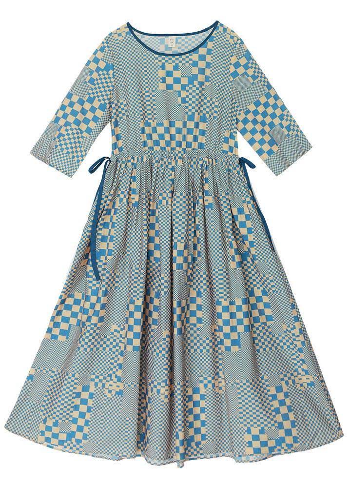 Art Yellow Blue Plaid Tie Waist Dress Summer Linen Dress