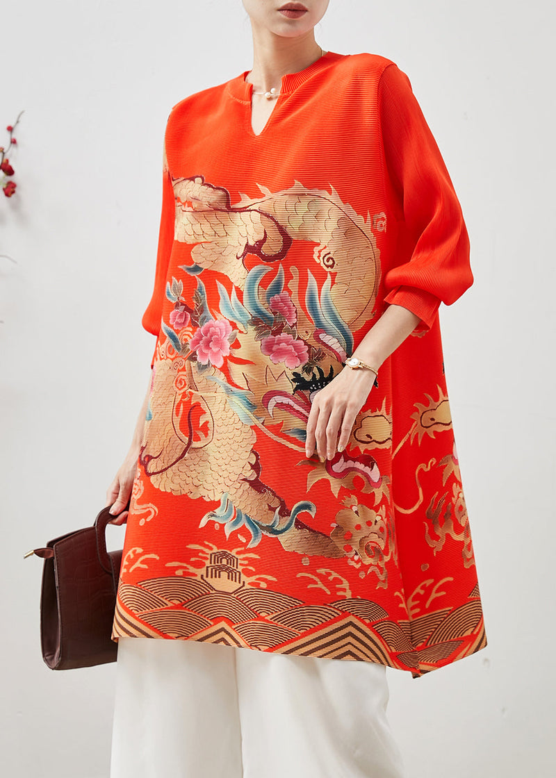 Red Dragon Print Cotton Short Dress Spring