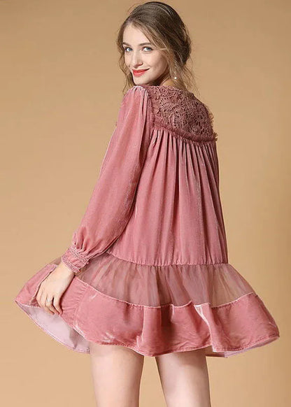 Pink Embroideried Lace Up Patchwork Velour Dress Spring