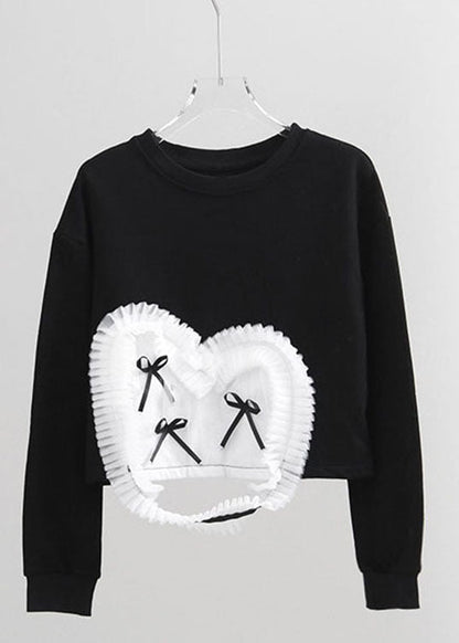 Handmade Black O-neck Tulle Patchwork Warm Fleece Pullover Street Wear Spring