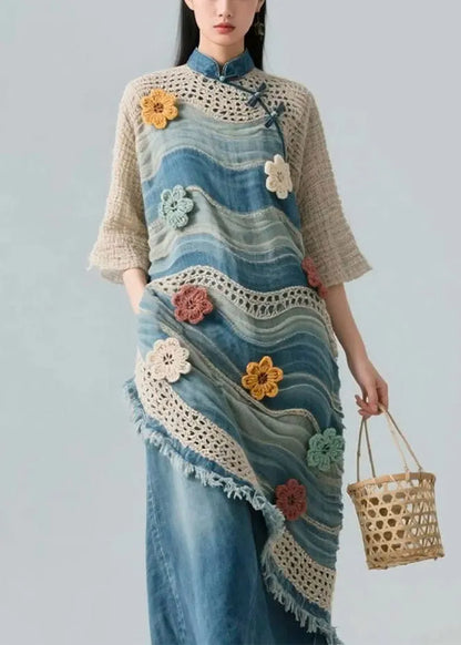 Blue Striped Hollow Out Knit Patchwork Blouses Bracelet Sleeve