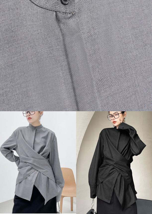 French Grey Asymmetrical Design Long Sleeve Spring Blouses