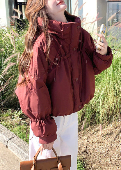 Red Stand Collar Drawstring Duck Down Puffer Jacket Winter