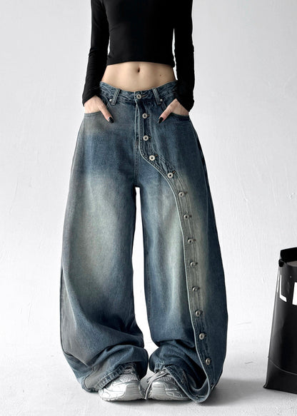 Grey Pockets Rivet Patchwork Denim Wide Leg Pants Fall