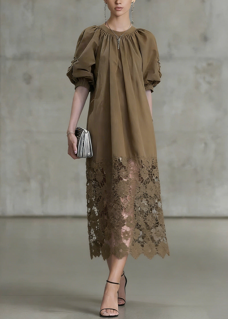 Light Coffee Puff Sleeve Lace Patchwork Cotton Long Dress Summer