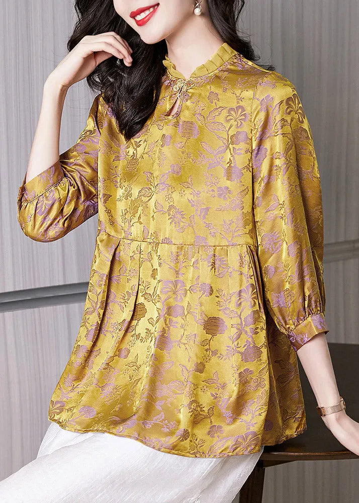 Retro Yellow Stand Collar Print Wrinkled Button Silk Shirt Bracelet Sleeve