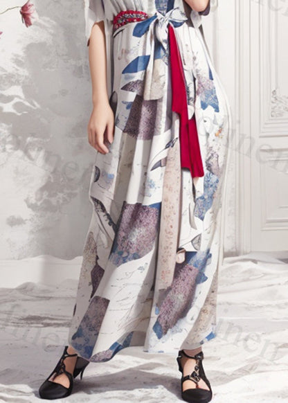 Silm Fit White Cinched Print Silk Dresses Summer