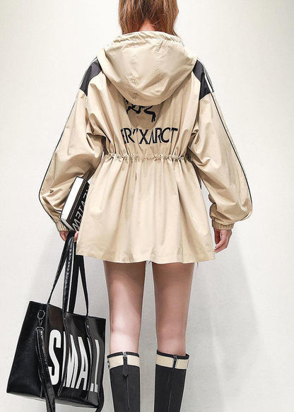 Khaki Pockets Drawstring Cotton Jacket Hooded Embroideried Spring