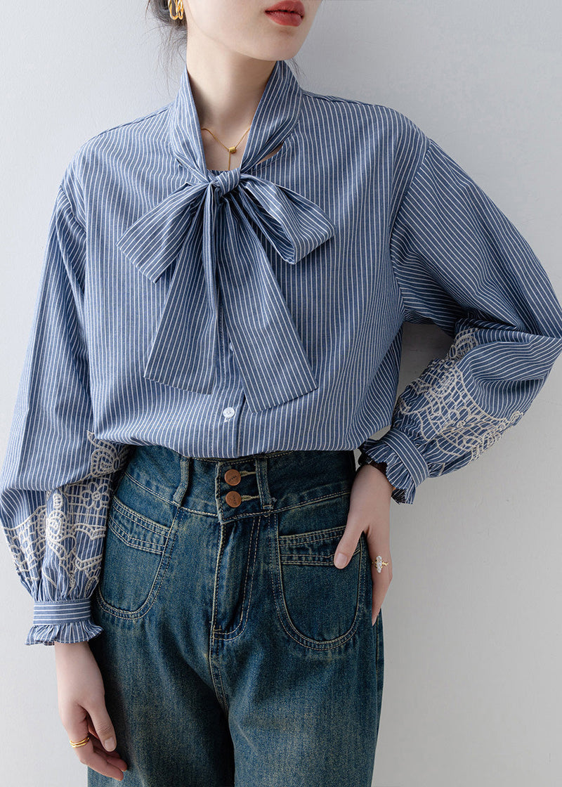 Blue Striped Bow Cotton Blouses Lantern Sleeve