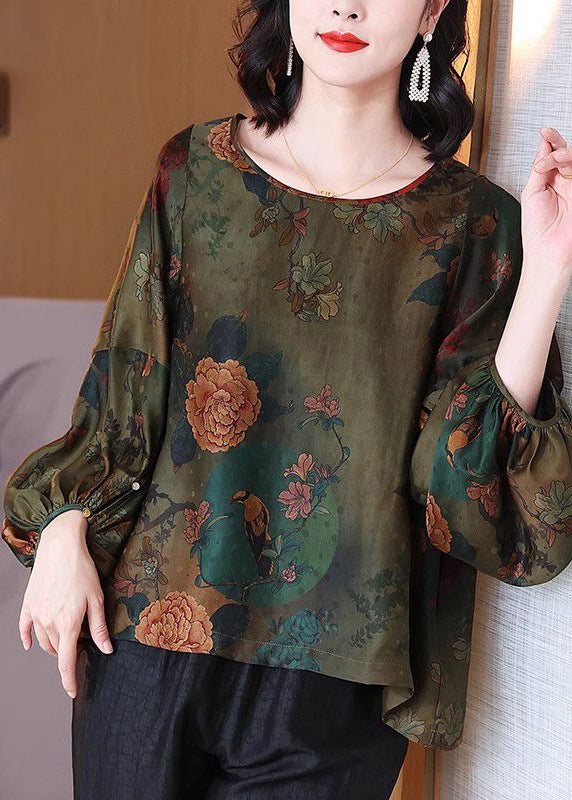 Loose Green O-neck Print Silk Shirt Bracelet Sleeve