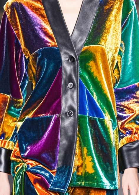 Multicolou V Neck Patchwork Silk Velour Coats Fall